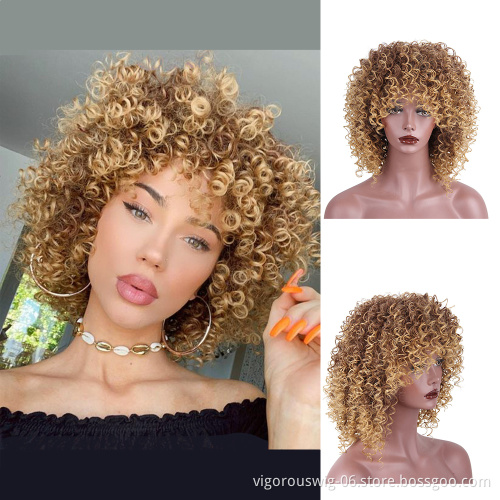 Vigorous Short High Quality Ombre Brown Blonde Bob Curly Wig With Bang Cheap Black Women Wavy Heat Resistant Synthetic Hair Wigs